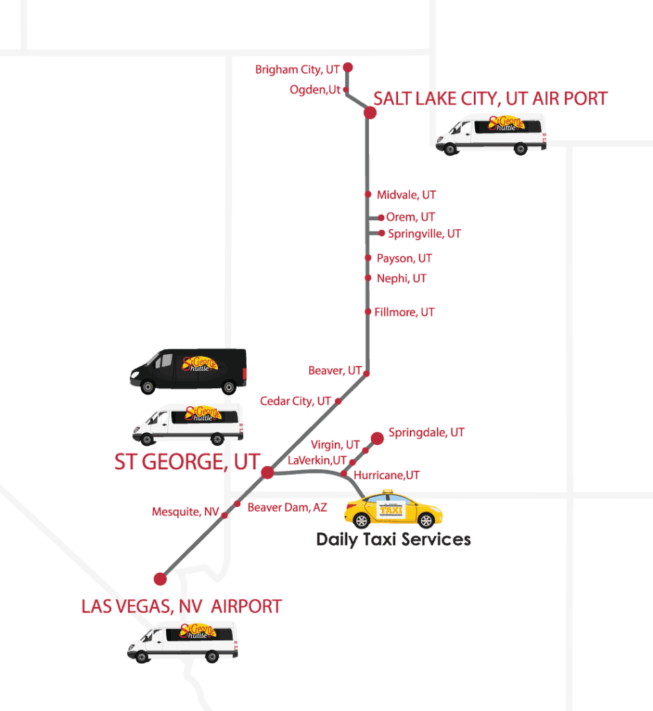 Route map showing St. George Shuttle stops between Las Vegas, St. George, and Salt Lake City